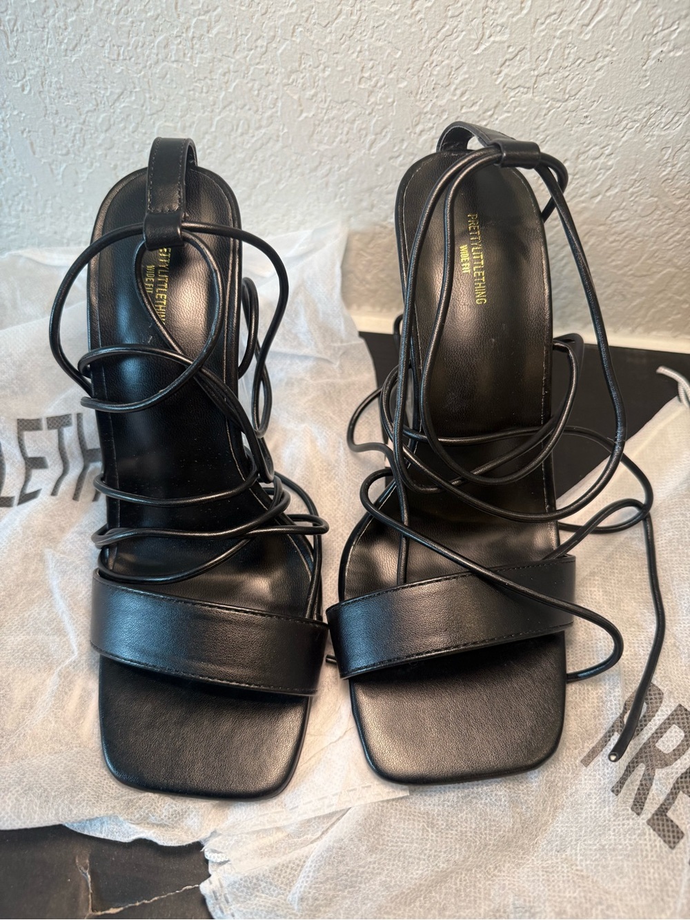 PrettyLittleThing Black Lace-Up Square Toe Heels